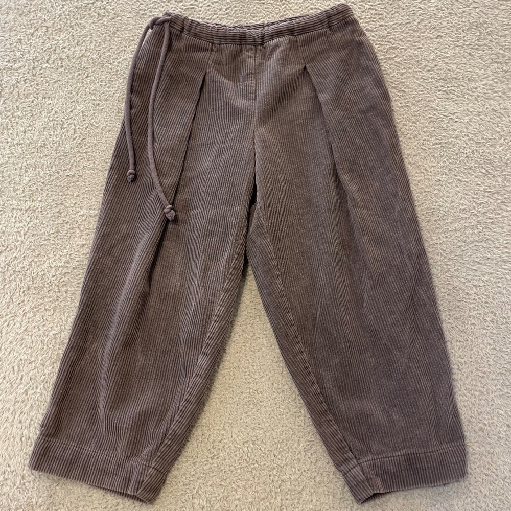 Deiji Studios Corduroy Pleated Pants Women XS Gray Cropped Drawstring Relaxed